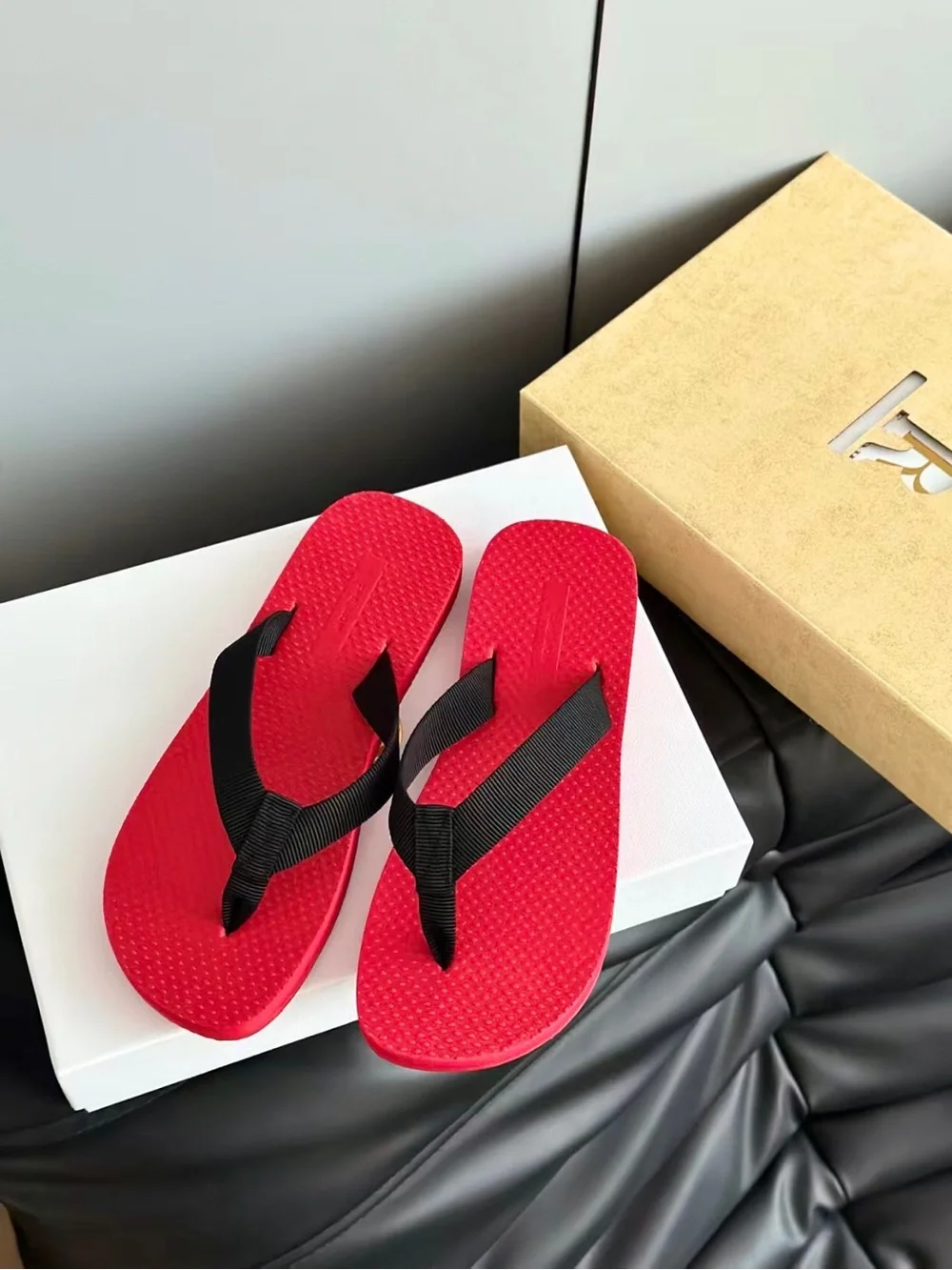 The Row Red Flip Flop Sandals with Black Straps
